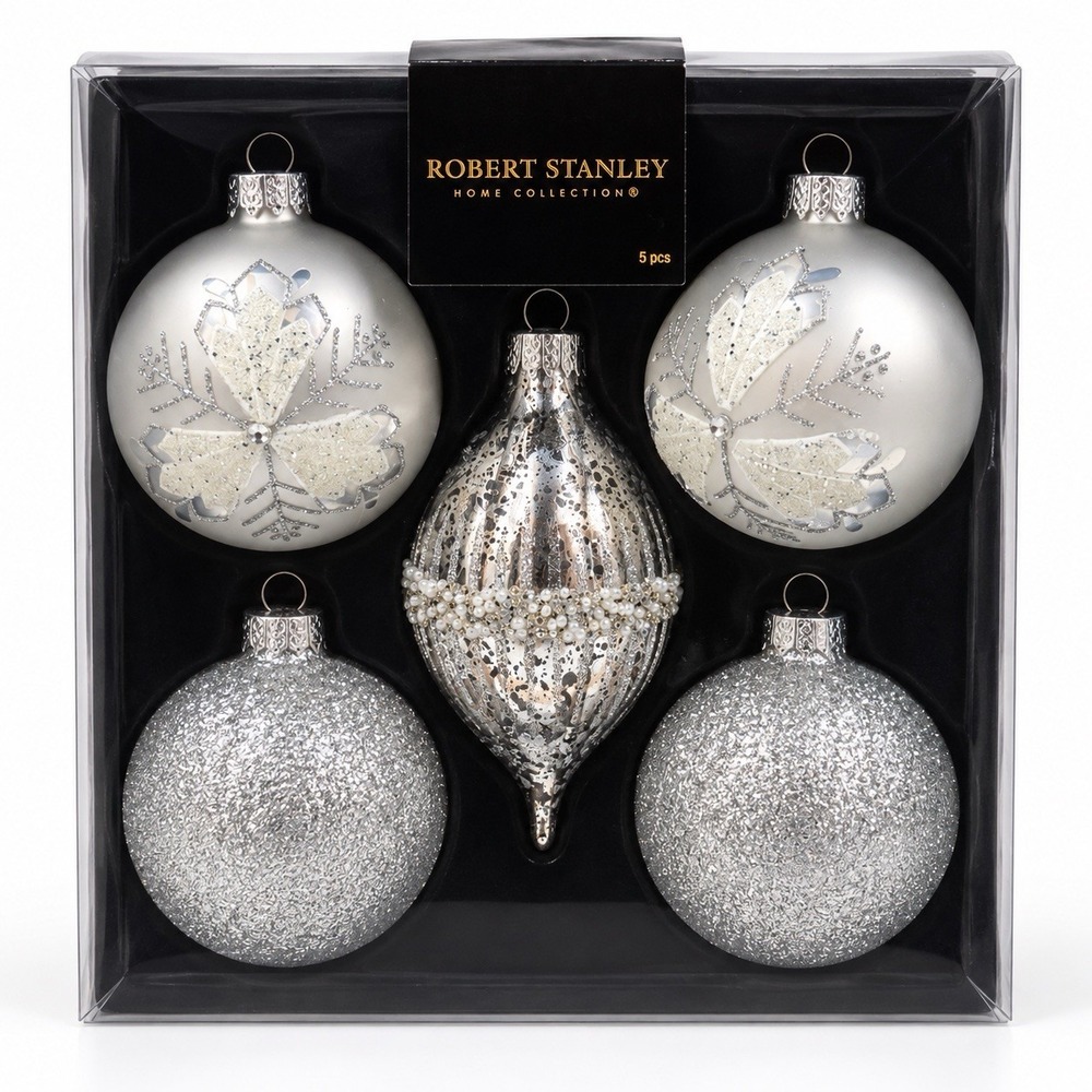 Robert Stanley Silver Glass Christmas Ornaments Set of 5 NIB Mercury Glitter